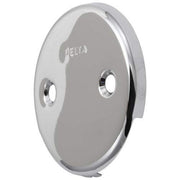 Chrome overflow plate with Delta logo and two mounting holes on circular escutcheon.