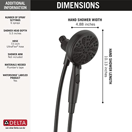 Matte black hand shower with 6 spray settings, 4.88-inch diameter head and 5.9-inch length, includes hose.