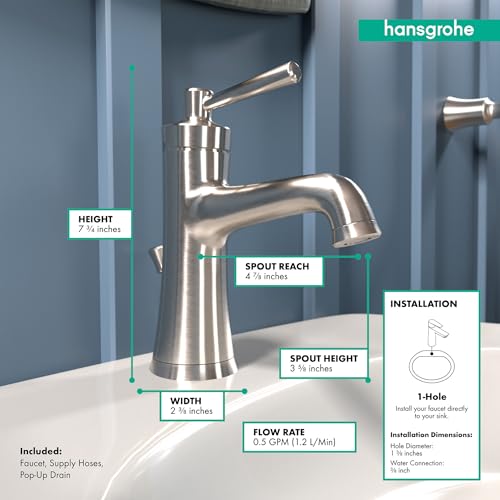 Brushed nickel single-hole bathroom faucet with curved spout, lever handle, and pop-up drain assembly shown with dimensions.