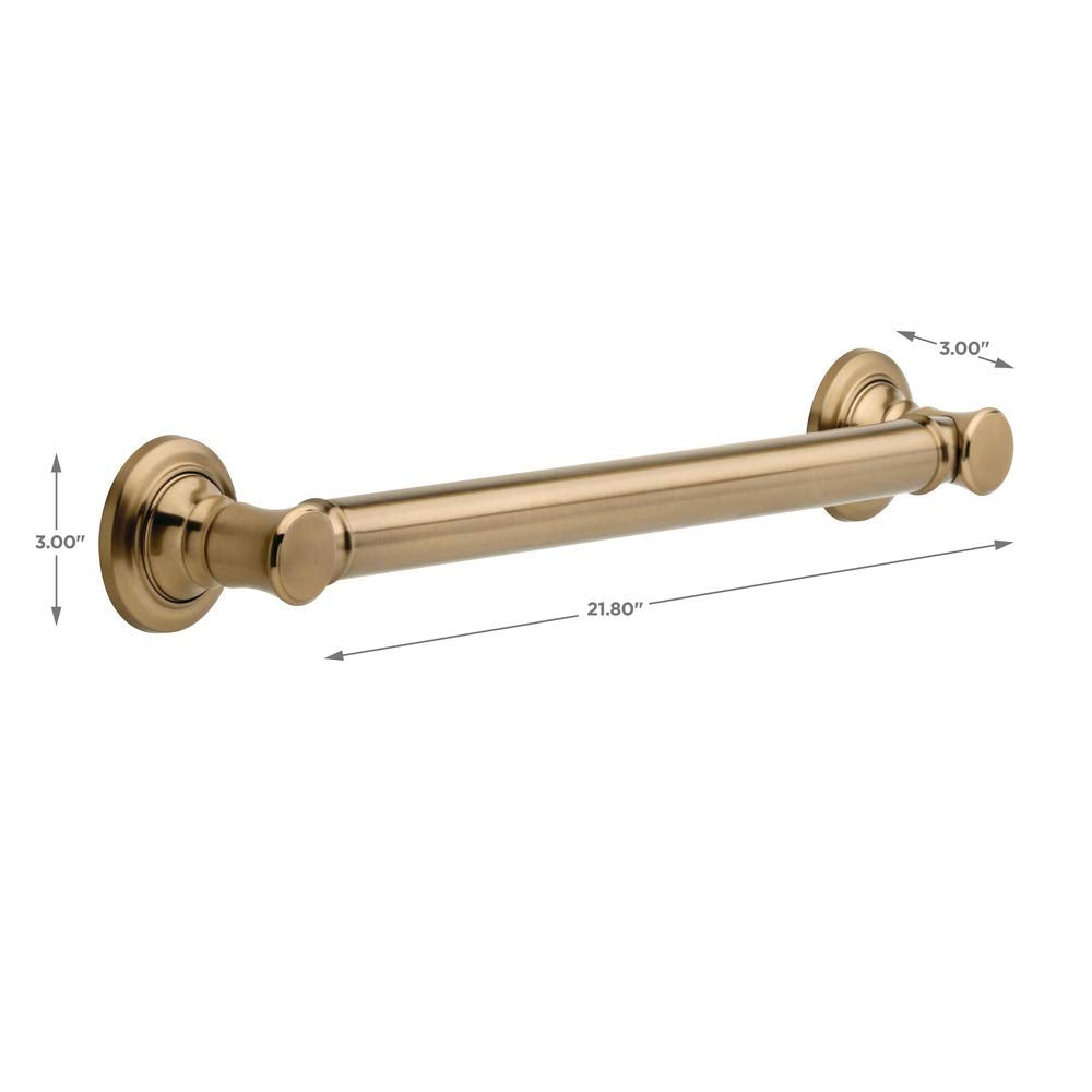 Champagne bronze 18-inch grab bar with decorative circular flanges at each end and dimension markings.