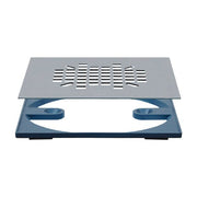 Sioux Chief quarter turn ball valve with gray perforated top plate and dark blue base housing.