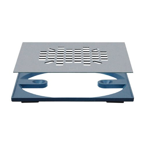Sioux Chief quarter turn ball valve with gray perforated top plate and dark blue base housing.