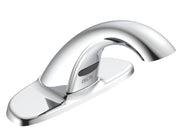 Chrome commercial electronic faucet with curved spout, sensor activation panel, and grid strainer for lavatory use.