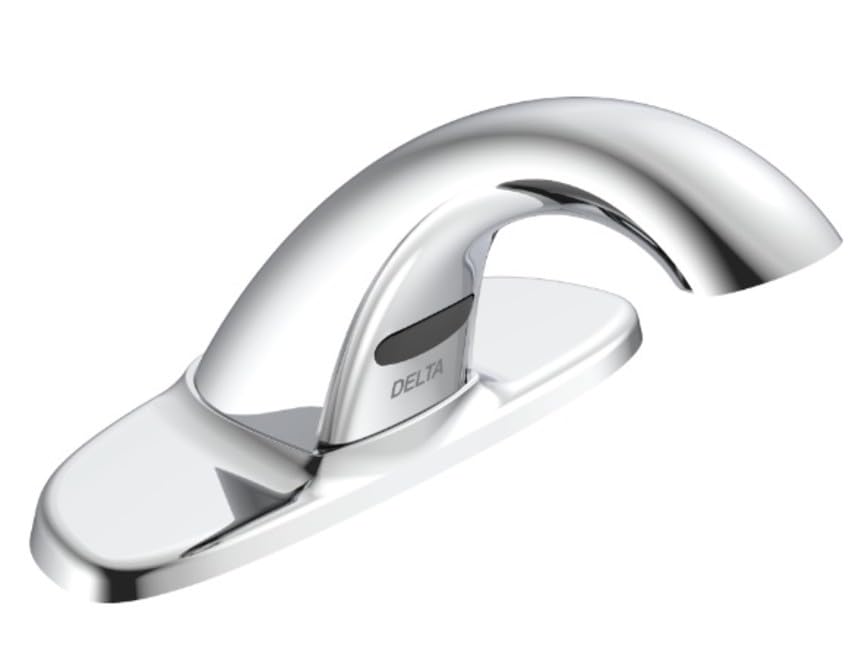 Chrome commercial electronic faucet with curved spout, sensor activation panel, and grid strainer for lavatory use.
