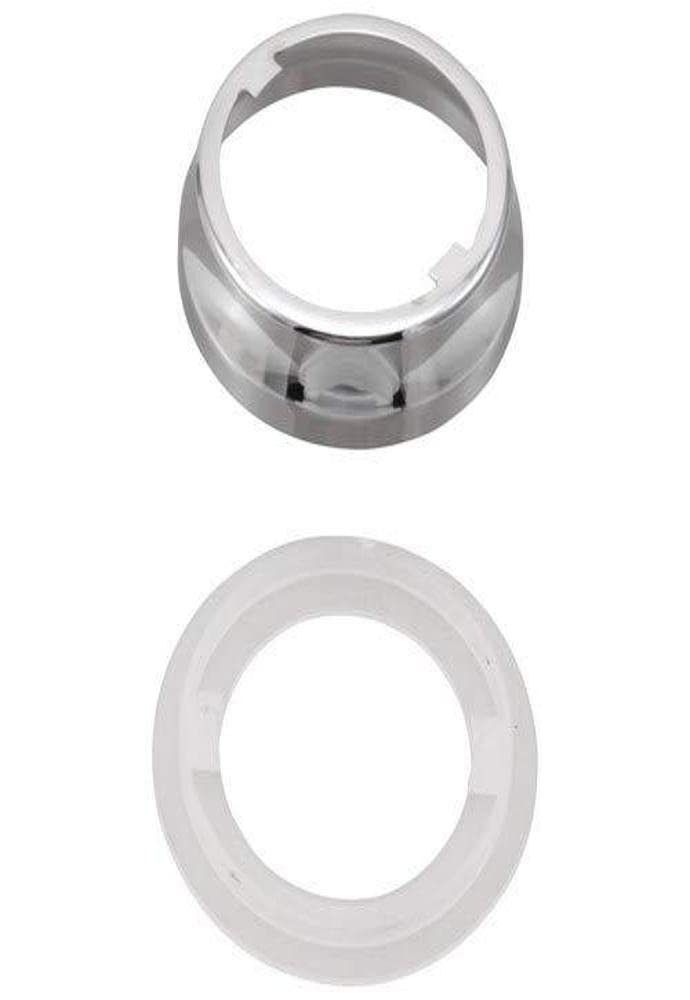 Chrome escutcheon and white rubber gasket ring components for Delta Palo pull-out faucet.
