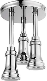 Chrome pendant rainfall showerhead with three adjustable nozzles suspended from circular ceiling mount.