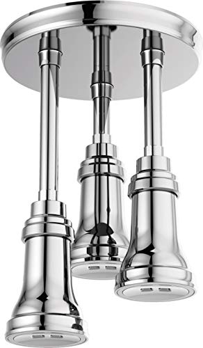 Chrome pendant rainfall showerhead with three adjustable nozzles suspended from circular ceiling mount.