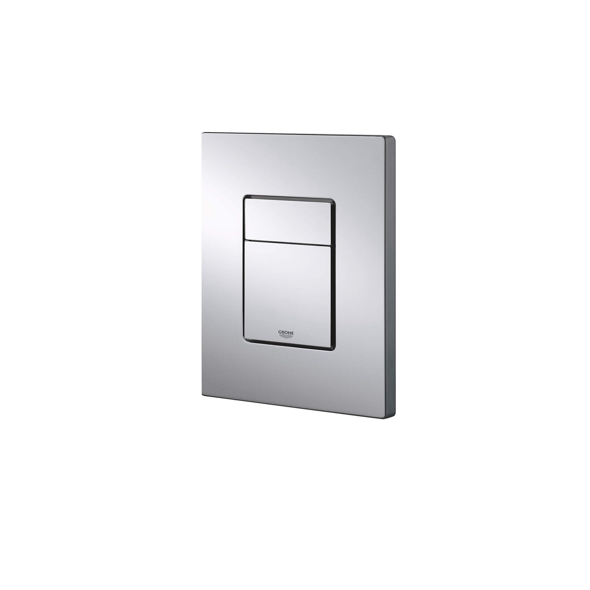 Grohe Skate titanium wall plate with dual flush button control and dark trim ring.