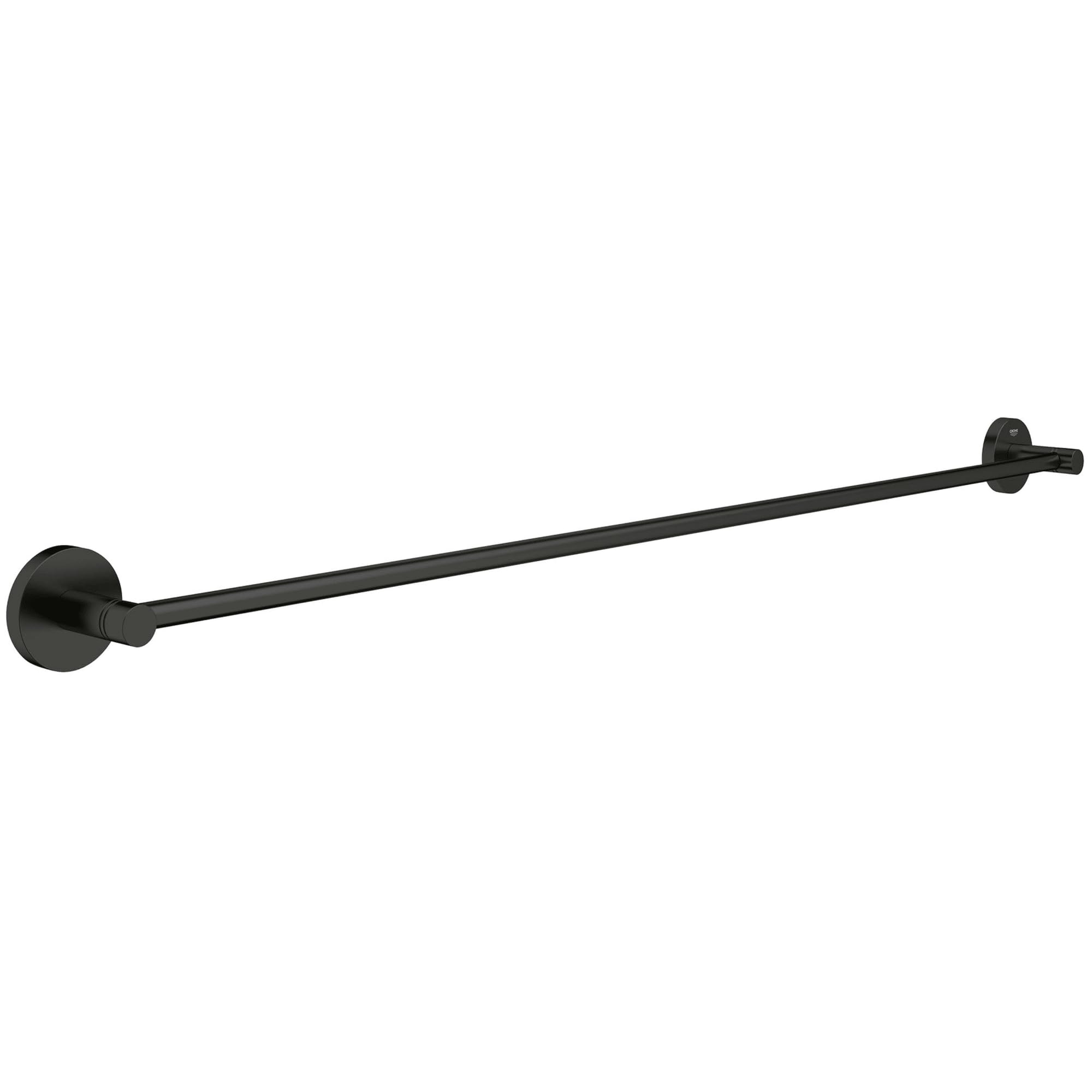 Matte black towel bar with circular wall mounts on each end, approximately 32 inches long.