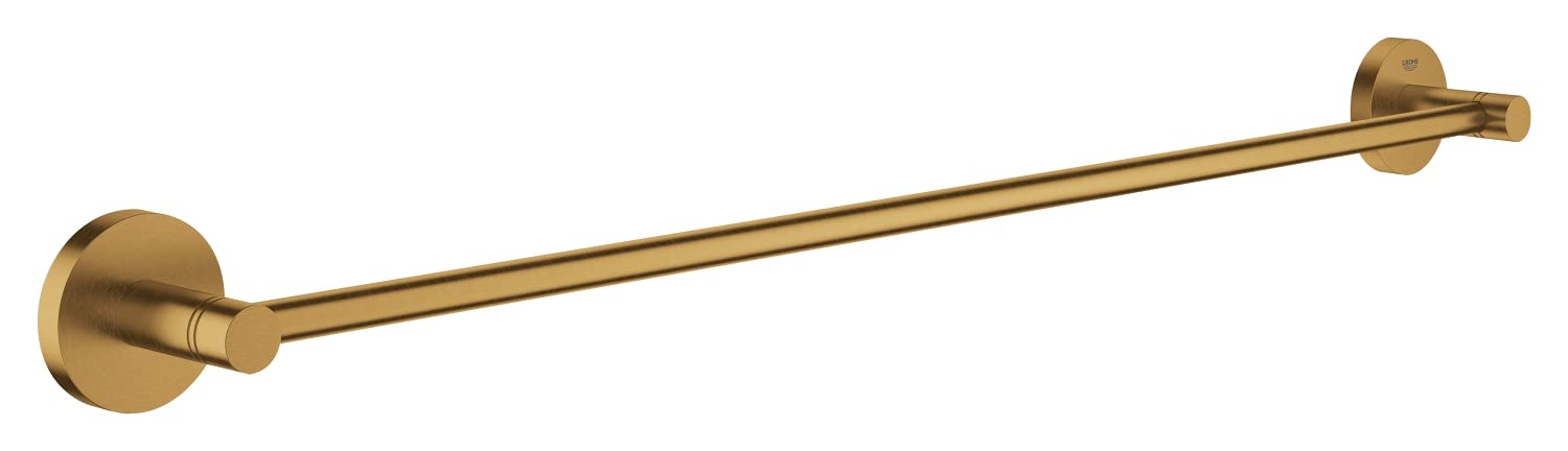 Brushed gold 24-inch towel bar with circular wall-mounted end caps.
