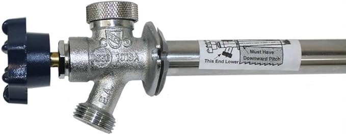 Merrill 12-inch anti-siphon outdoor faucet with blue handle valve and threaded outlet connection.