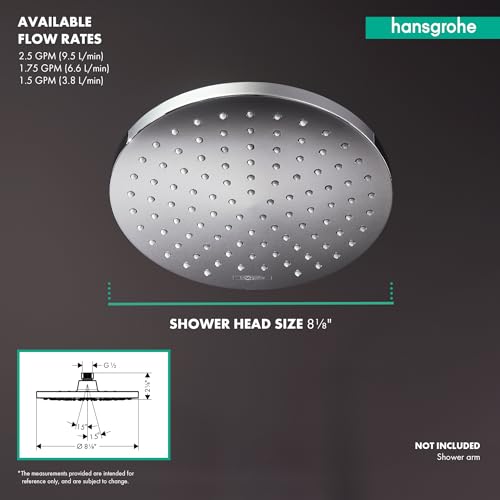 Chrome round shower head with multiple spray holes, 8.75 inches diameter, mounted overhead view against dark background.