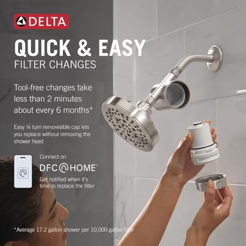 Stainless steel shower filter attachment mounted on wall with removable cartridge displayed below.