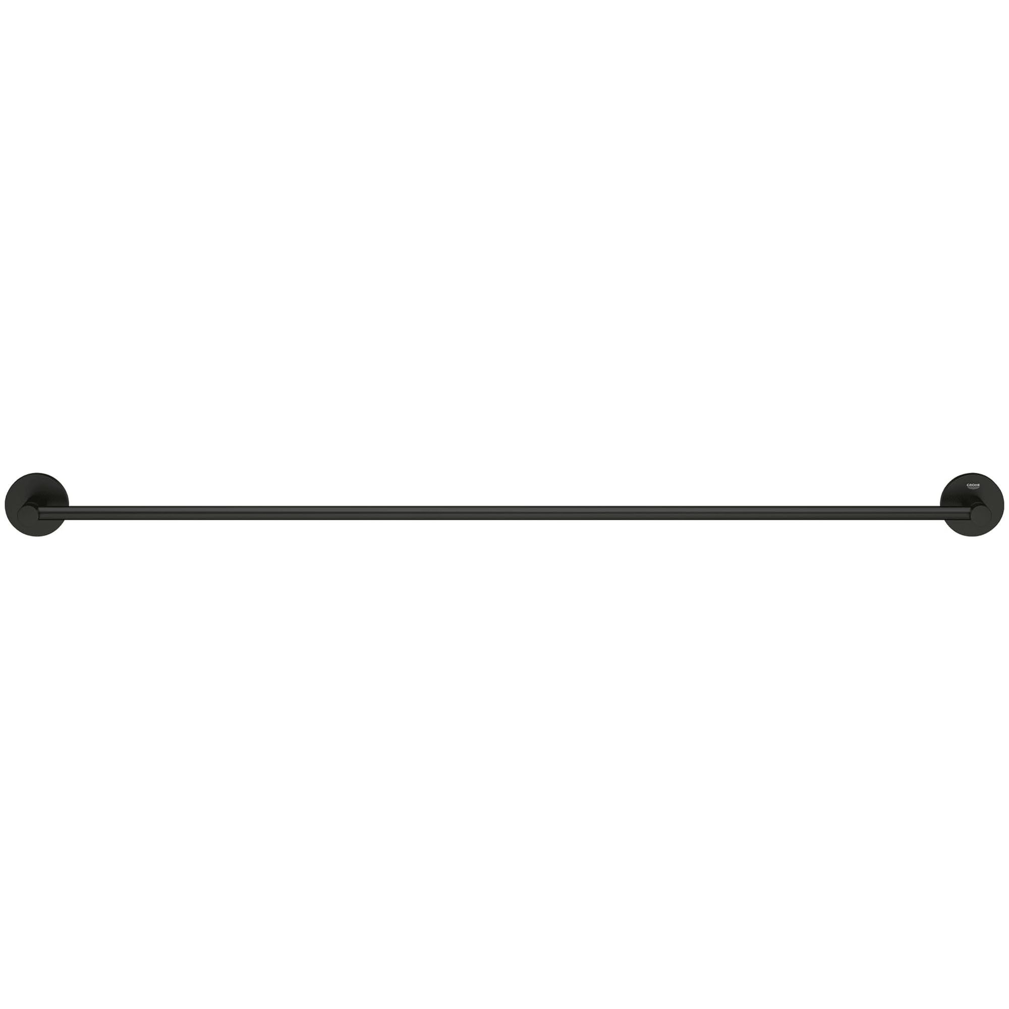 Matte black horizontal towel bar with circular wall-mounted brackets at each end.