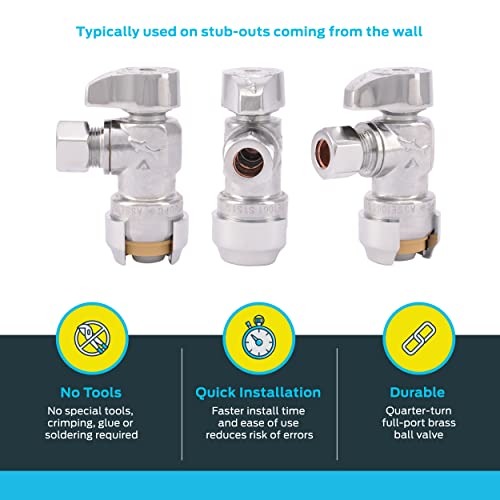 Chrome plated brass angle stop valve with compression fittings and lever handle, shown from three angles.