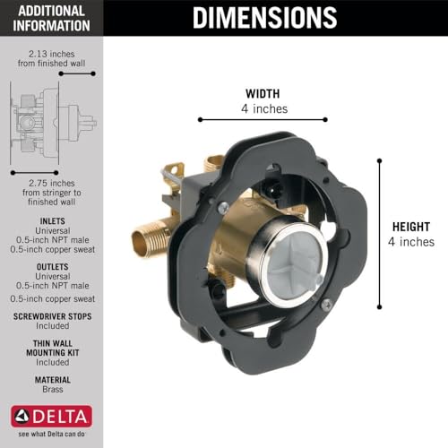Delta pressure balance tub shower rough valve with brass inlets and outlets, 4 inches wide by 4 inches tall.