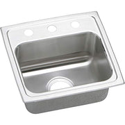 Stainless steel drop-in sink with single bowl, drain hole, and three faucet holes in rim.