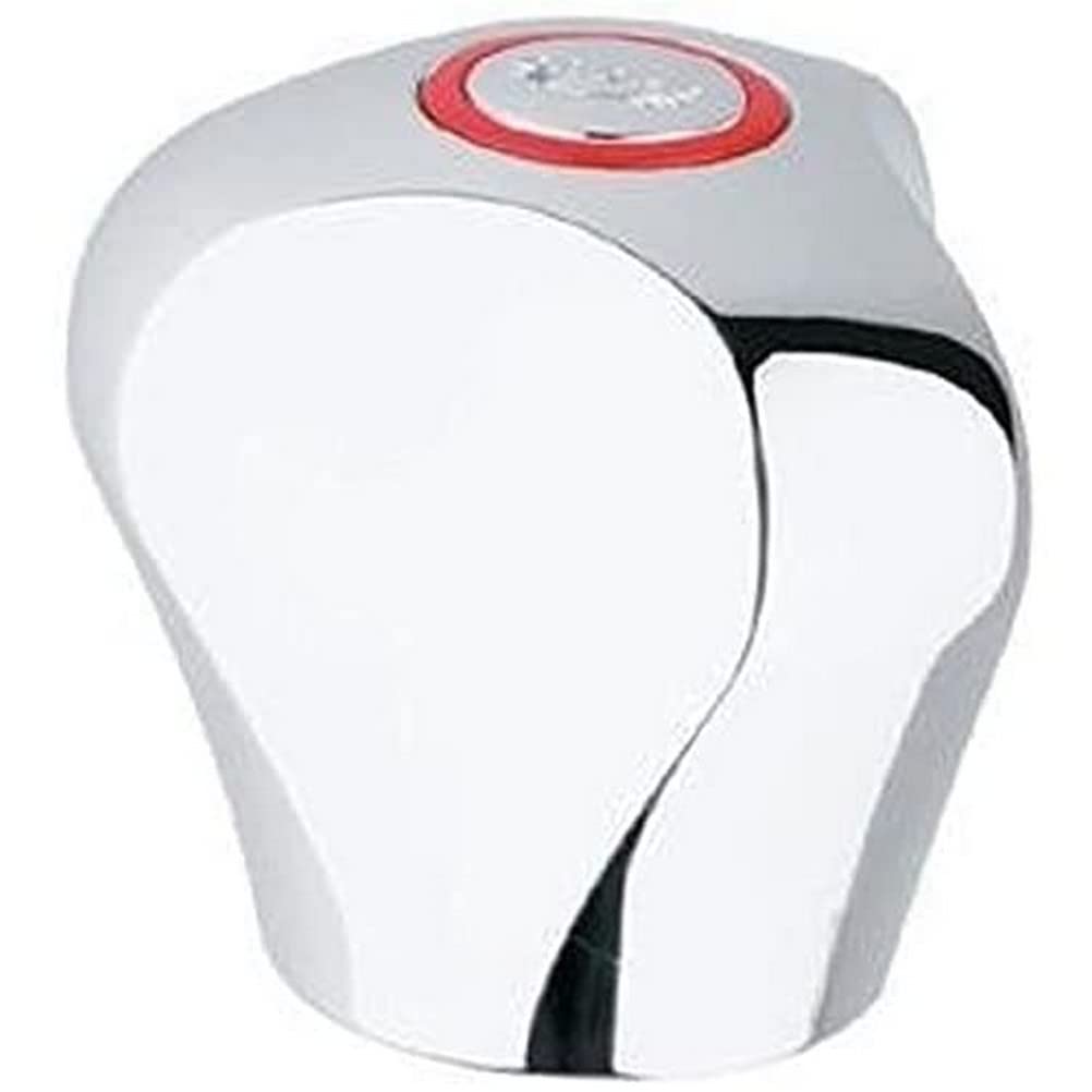 Chrome faucet handle with red and white circular trim ring and black lever grip on curved body.