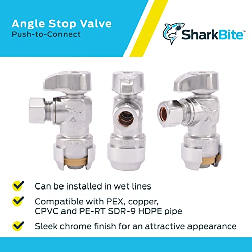 Sharkbite chrome angle stop valve with push-to-connect fittings shown from three angles with brass seat visible.