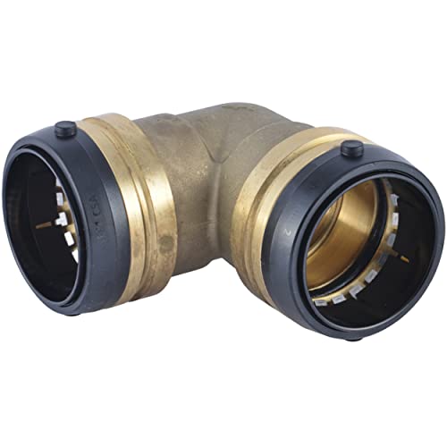 Brass 90-degree elbow fitting with push-to-connect ports and black grip rings on both ends.