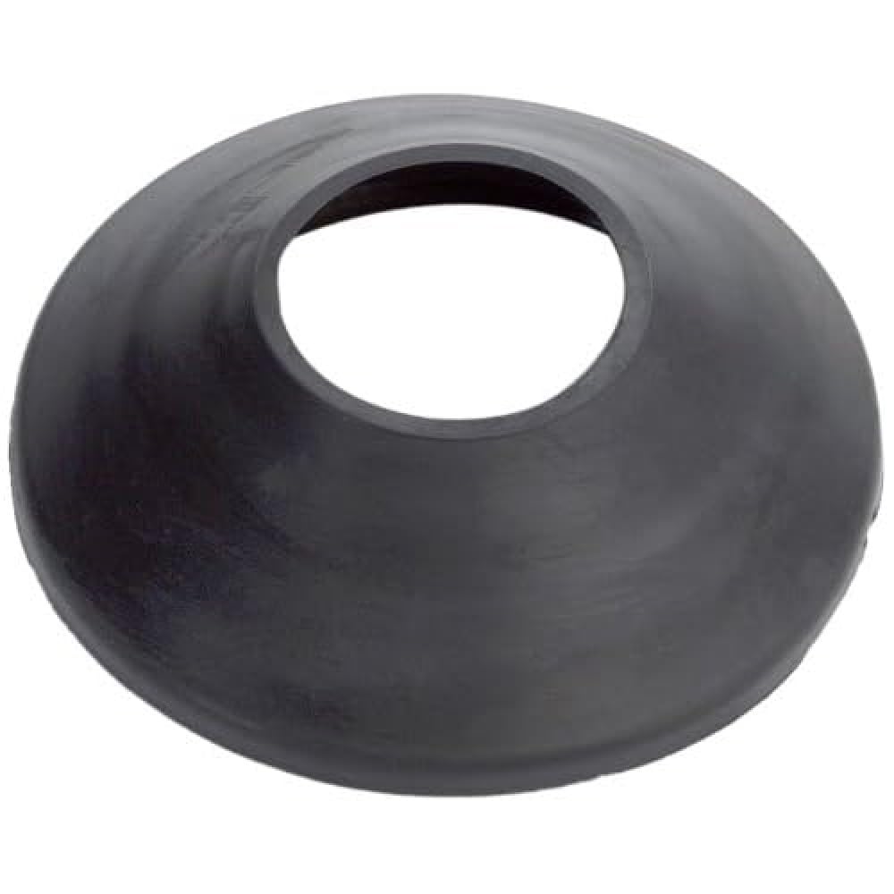 Black rubber roof flashing boot with oval opening for pipe penetration.