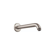Brushed nickel shower arm with wall-mounted circular flange and angled outlet.