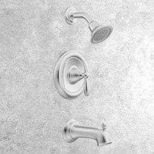 Moen Brantford Pressure Balancing Modern Bathtub and Shower Trim Kit with Shower Head Shower Handle and Tub Spout Shower Faucet Set Posi Temp in Brushed Nickel - T2153BN