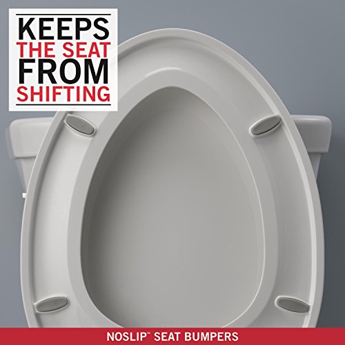 White elongated toilet seat with slow-close lid, anti-slip bumpers, and seat stabilizers on gray background.
