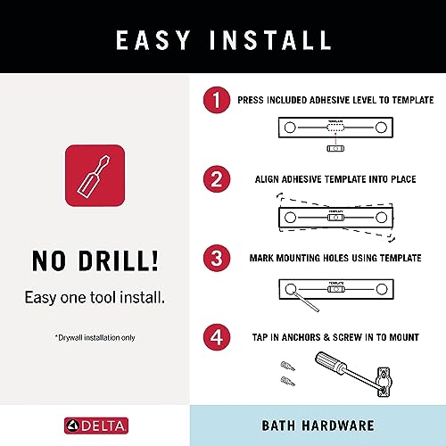 Chrome robe hook with adhesive mounting template and installation instructions on black and white background.