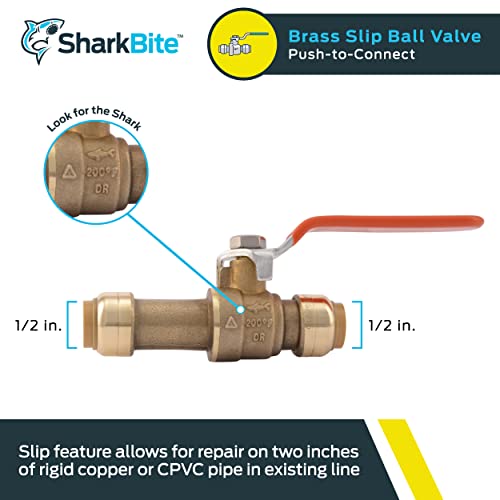 Brass ball valve with red handle and push-to-connect slip fittings on both ends, 1/2 inch size.