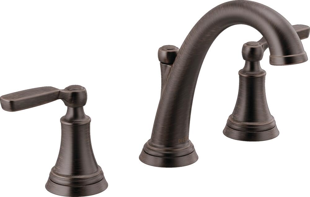 Bronze two-handle widespread bathroom faucet with curved spout and lever handles.