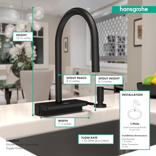 Matte black high-arc kitchen faucet with pull-down sprayer and measurement callouts showing height, width, spout reach, and f