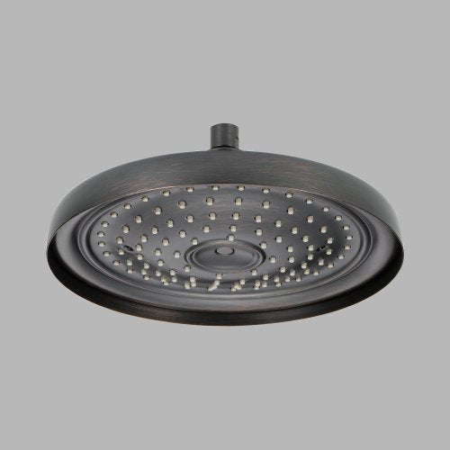 Round raincan shower head with multiple spray holes and center inlet, oil-rubbed bronze finish, 11 inches diameter.