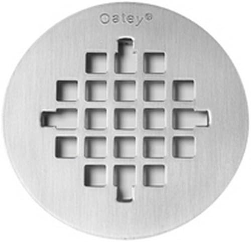Stainless steel circular shower strainer with square perforations and Oatey branding.