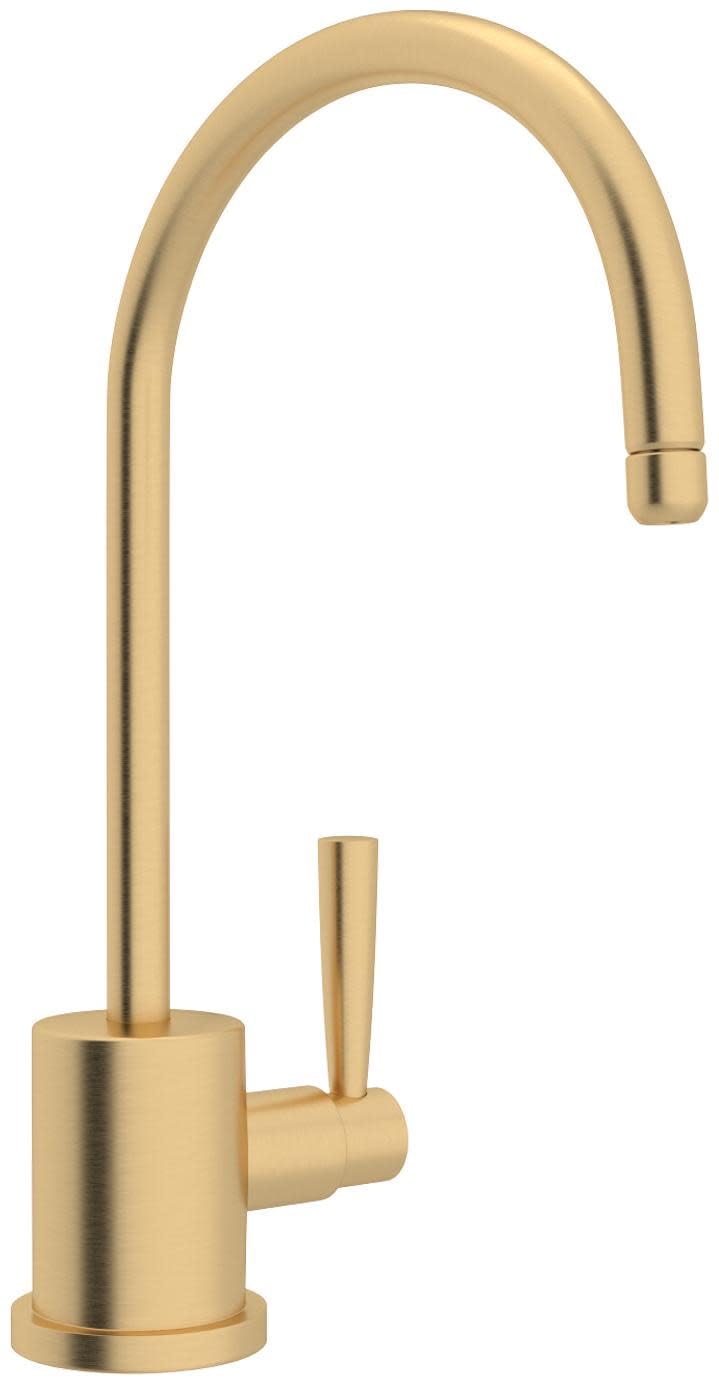 Satin gold kitchen faucet with curved arched spout, single handle, and cylindrical base.