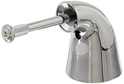 Chrome metal lever handle with cylindrical stem and rounded escutcheon plate for faucet installation.