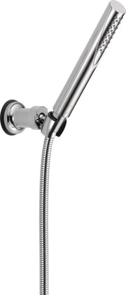 Chrome wall-mounted hand shower with adjustable holder and flexible hose connection.