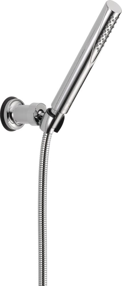 Chrome wall-mounted hand shower with adjustable holder and flexible hose connection.