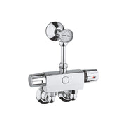 Chrome thermostatic shower valve with temperature gauge and wall-mounted bracket assembly.