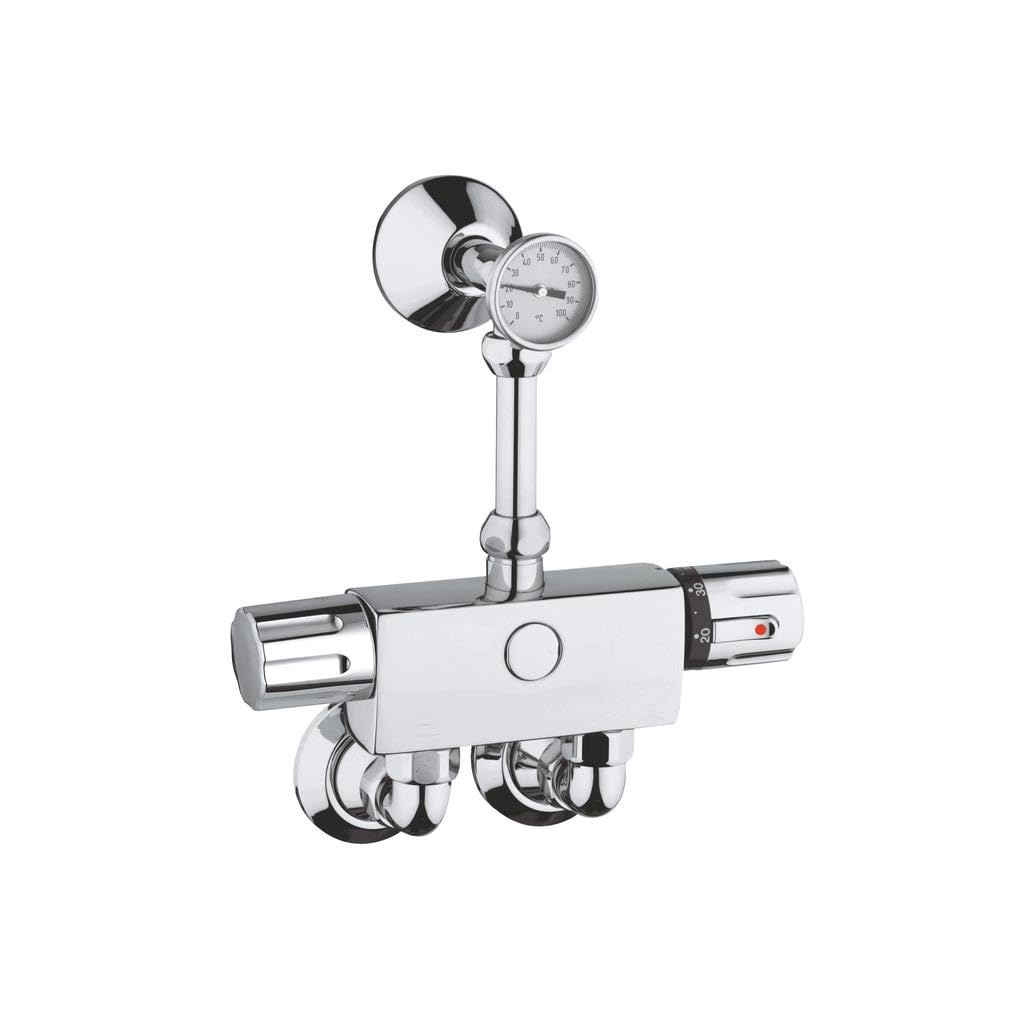 Chrome thermostatic shower valve with temperature gauge and wall-mounted bracket assembly.