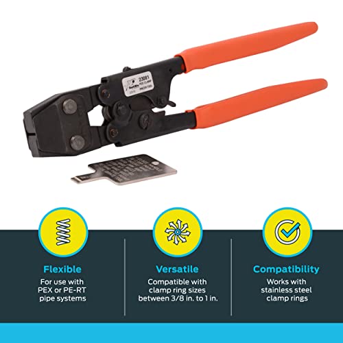 Black and orange PEX clamp tool with dual handles and metal clamp ring attachment below.