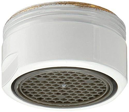 White cylindrical faucet aerator with honeycomb mesh screen and metallic trim ring.