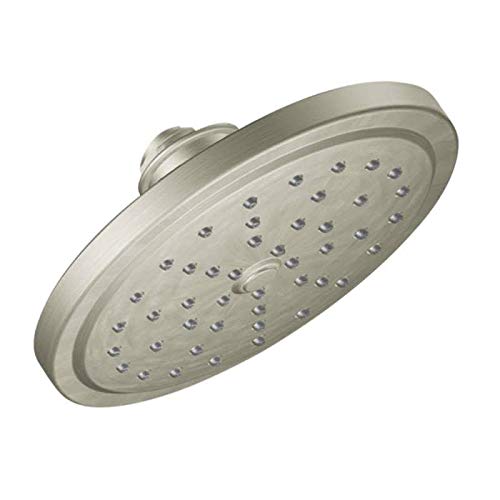 Brushed gold round shower head with multiple spray nozzles and curved connection arm.