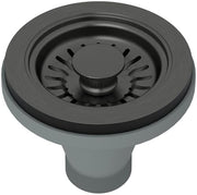 Black stainless steel basket strainer with circular perforated design and center post.