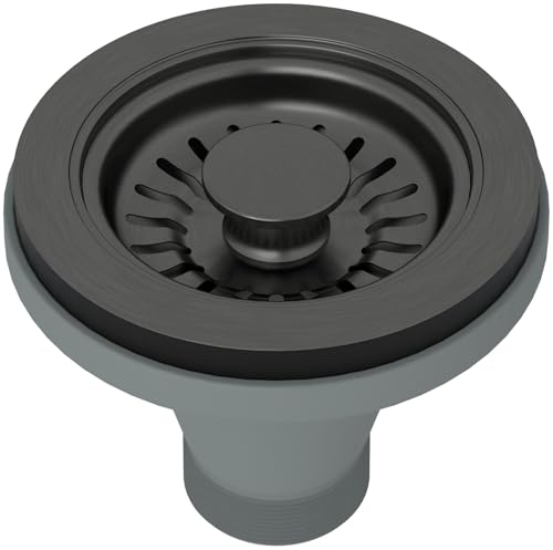 Black stainless steel basket strainer with circular perforated design and center post.