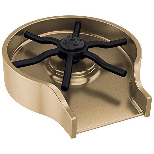 Champagne-colored metal rinser basin with black four-arm spray head and collection well.