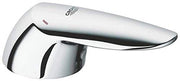 Chrome-plated faucet lever with curved handle and Grohe logo on white curved base.