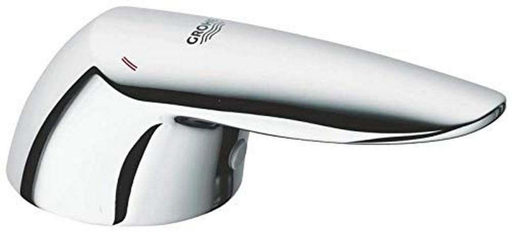 Chrome-plated faucet lever with curved handle and Grohe logo on white curved base.