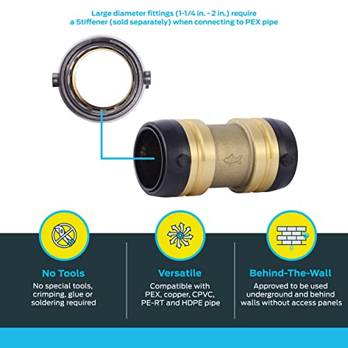 Brass push-to-connect coupling fitting 1-1/4 in. with black grip rings and center ring connector.