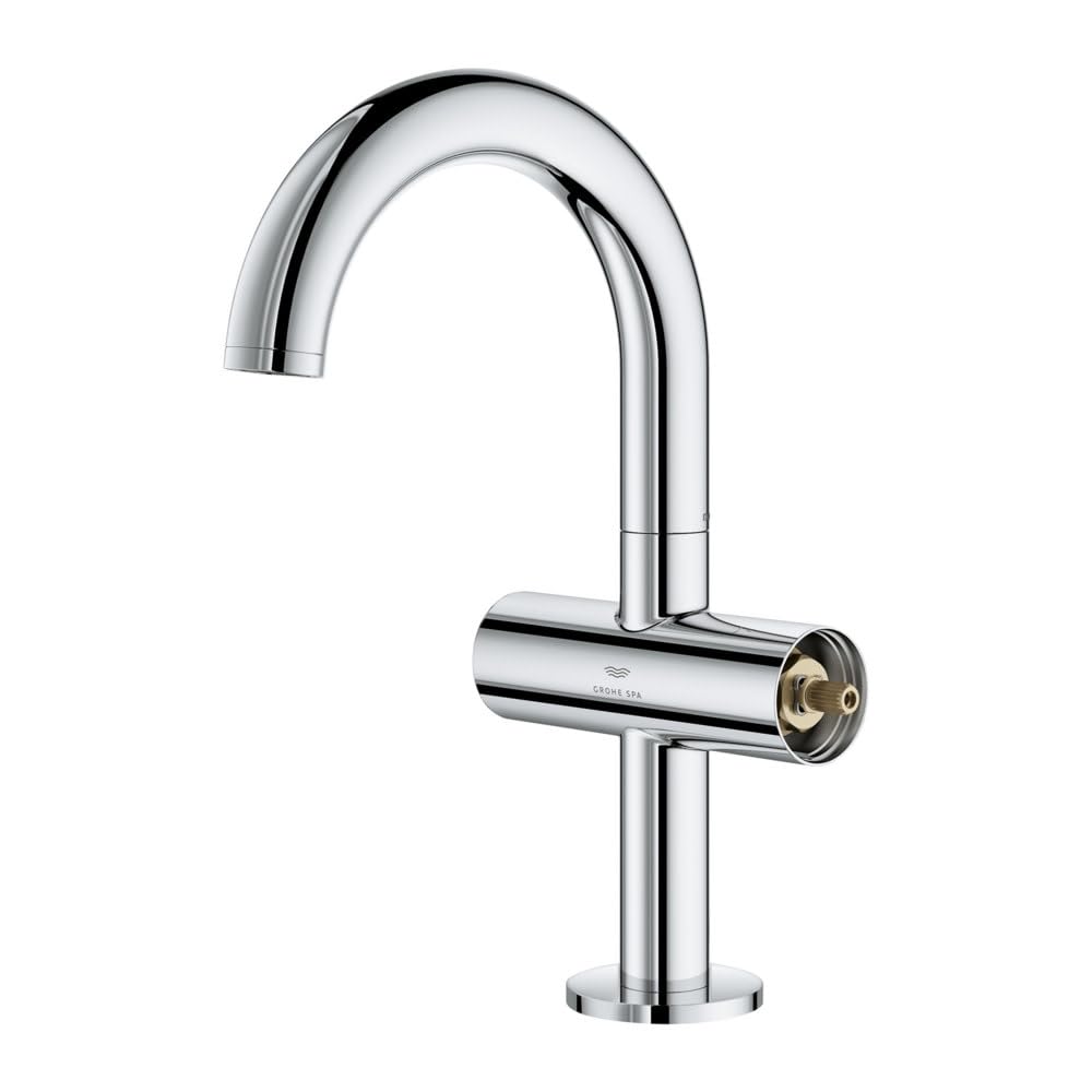 Chrome bathroom faucet with curved spout and single cylindrical handle on round base.